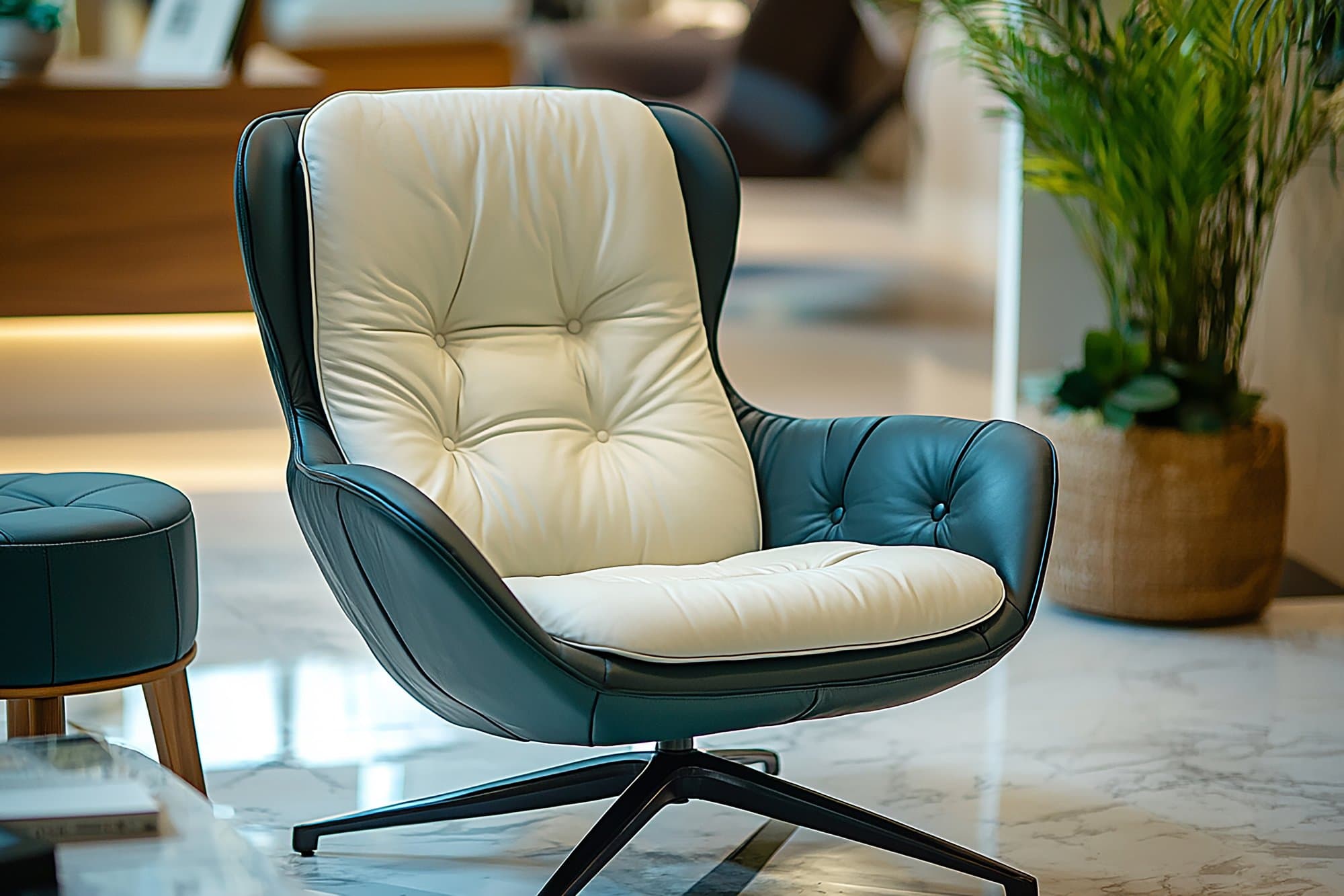 Poltrona lounge estofada em couro sintético preto e creme, com base giratória em metal