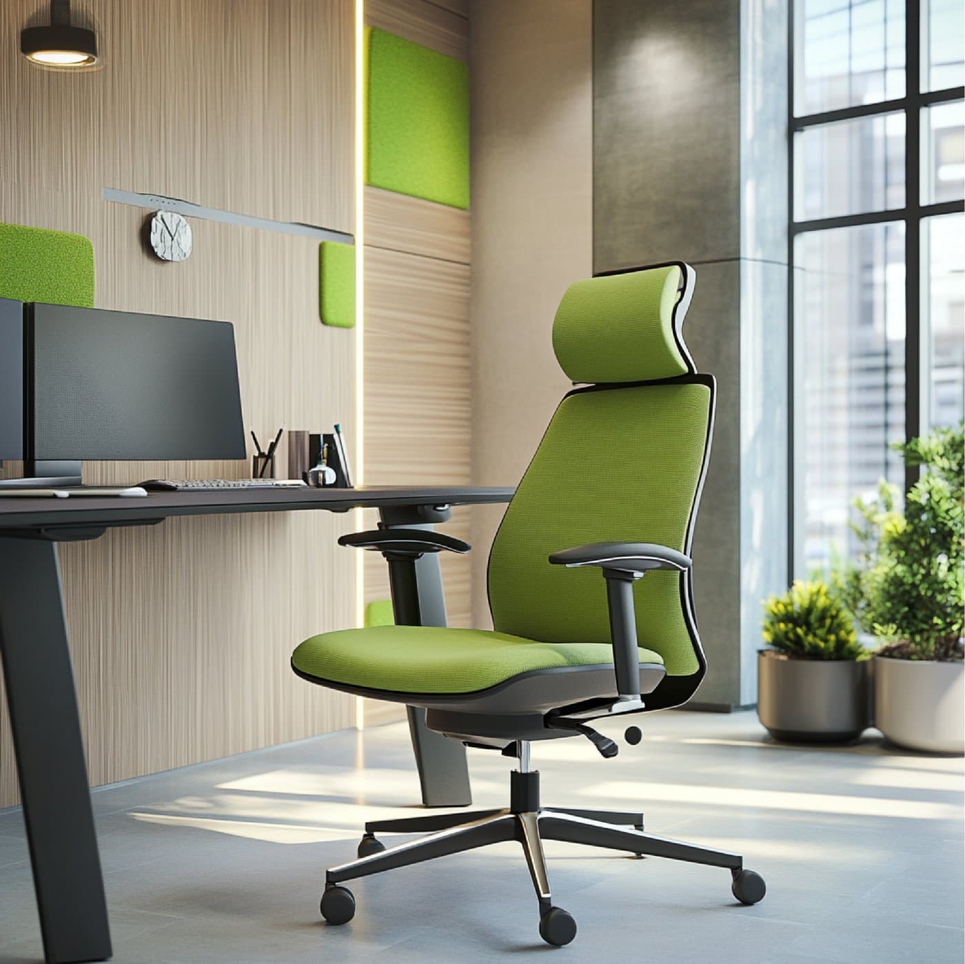 Cadeira ergonômica verde com apoio de cabeça, em escritório corporativo com mesa, monitores e plantas